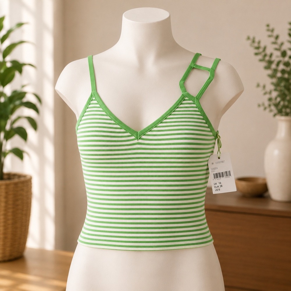 NWT L.A. Hearts Striped Knit Camisole Womens XS Green White V-Neck Crop Tank Top